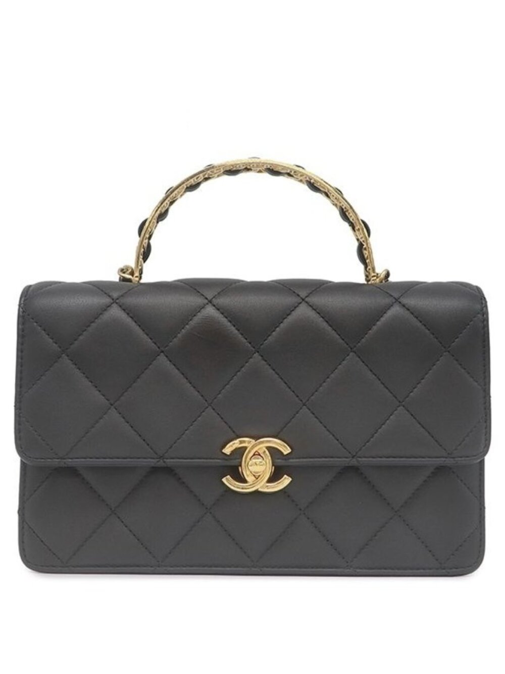 Chanel 2-Way Bag Quilted Top Handle Leather Black Gold CC Logo